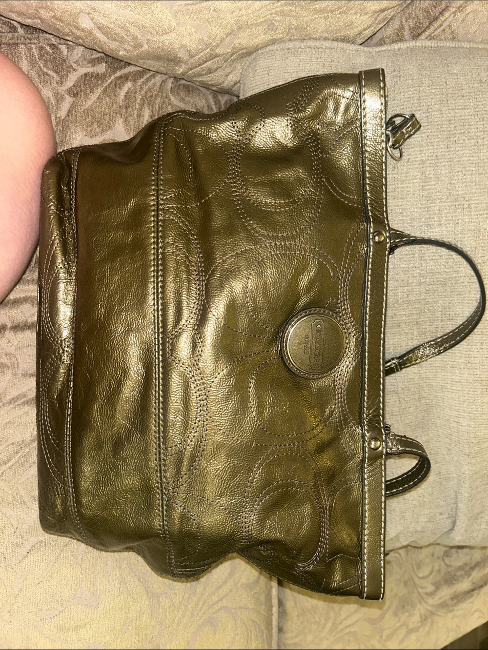 Coach Metallic Olive Green Leather Tote with Signature Emblem